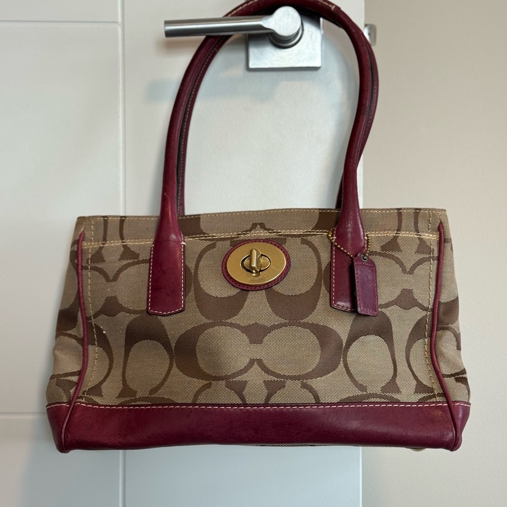 Coach Hampton Madeline Burgundy Leather Signature Jacquard